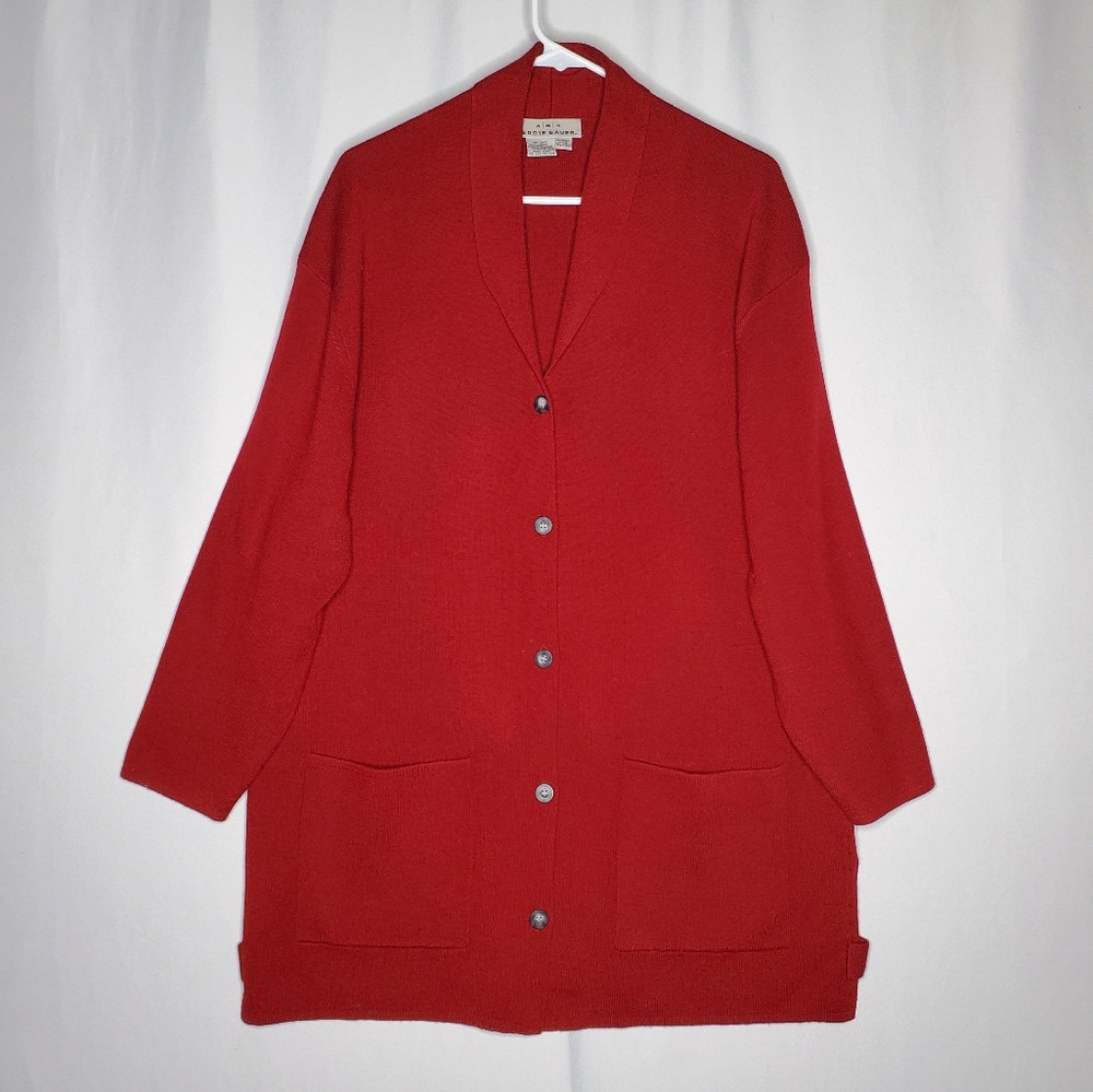 Eddie Bauer 60s Wool Button Cardigan Womens XL Red Pocket Quiet Luxury Preppy